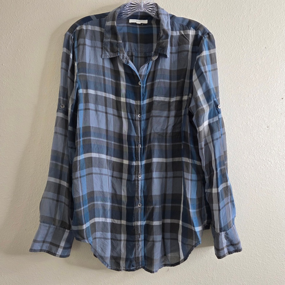 ELIOT Silk Shirt Medium Blue Plaid Button Down Roll Tab Sleeve Boho Classic